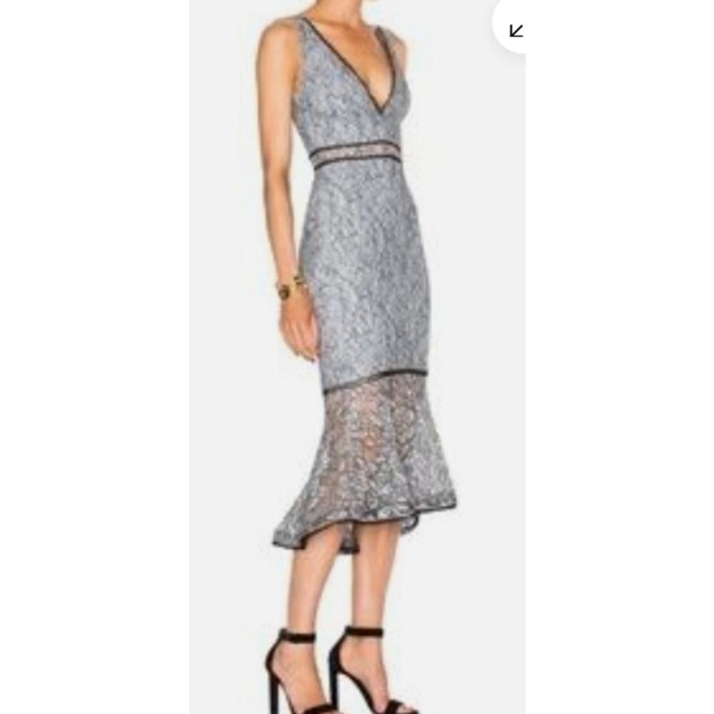 Revolve Nicholas Azalia Lace plunge Trumpet  Midi Dress Grey Black V Neck 0